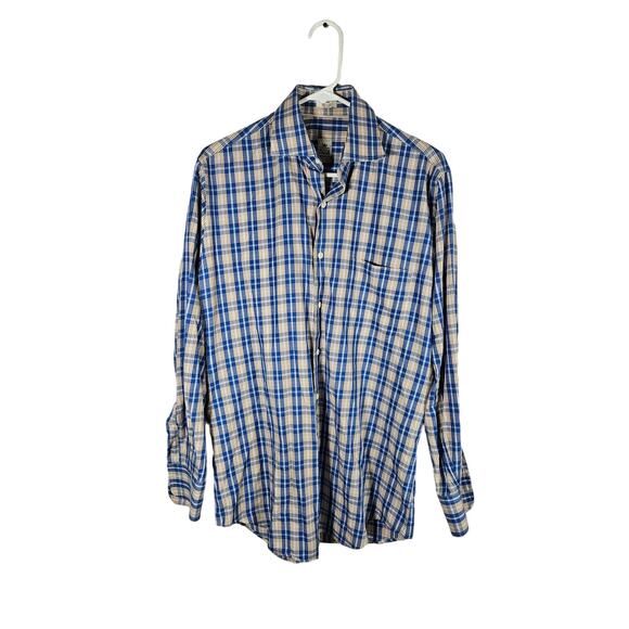Peter Millar‎ Mens Medium Long Sleeve Plaid Blue Gold 100% Cotton - Picture 1 of 4